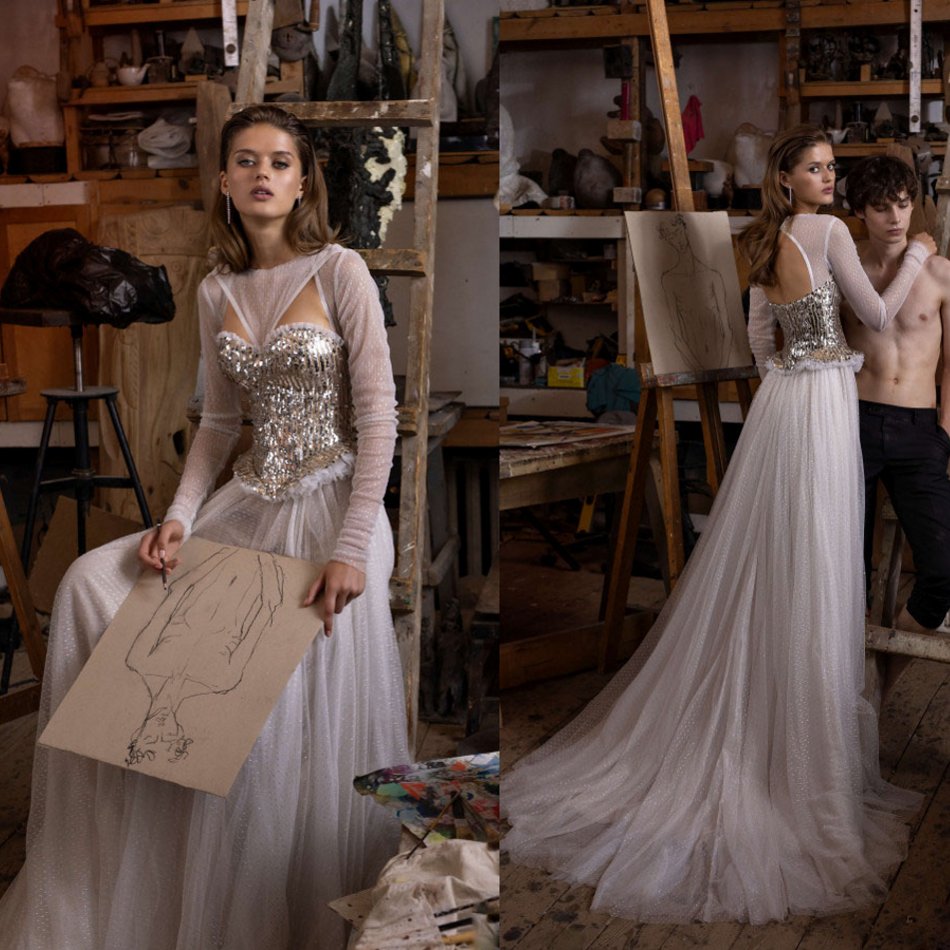 2020 A Line Wedding Dresses Long Sleeve Sequins Hollow Wedding Gowns Sweep Train Tulle With Glitter Bridal Gowns Vestidos De Novia