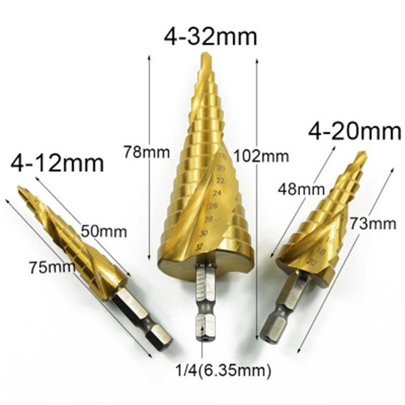 Titanium Coated Step Drill Bit 4-12/20/32mm HSS Wood Metal Drill Bit Hex Shank Hole Cutter Core
Titanium Coated Step Drill Bit 4-12/20/32mm HSS Wood Metal Drill Bit Hex Shank Hole Cutter Core