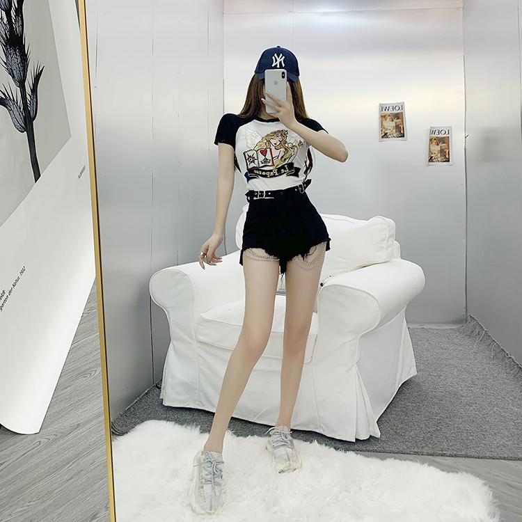 New fashion womens sexy bodycon tunic short sleeve color block cartoon embroidery cotton t-shirt plus size S M L XL