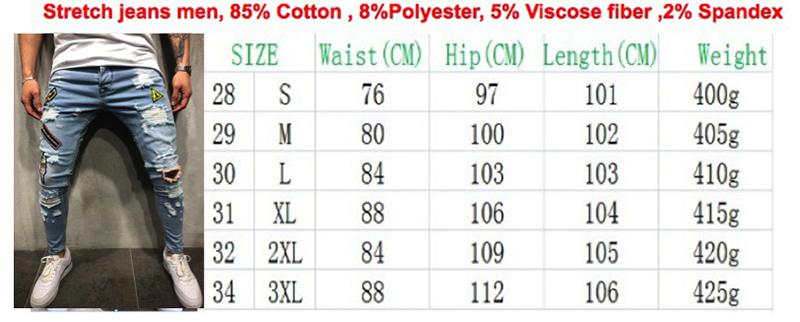 Denim Ripped Hole Slim Patchwork Jeans Fashion Hip Hop Skinny Pencil For Men Stretch Embroidery Homme B3