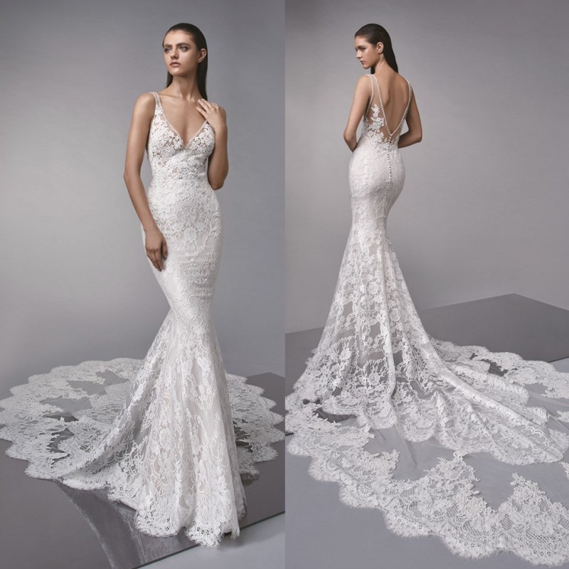 Lace Stylish Mermaid Backless Wedding Dresses V Neck Beaded Bridal Gowns Sweep Train Trumpet Plus Size Robe De Marie