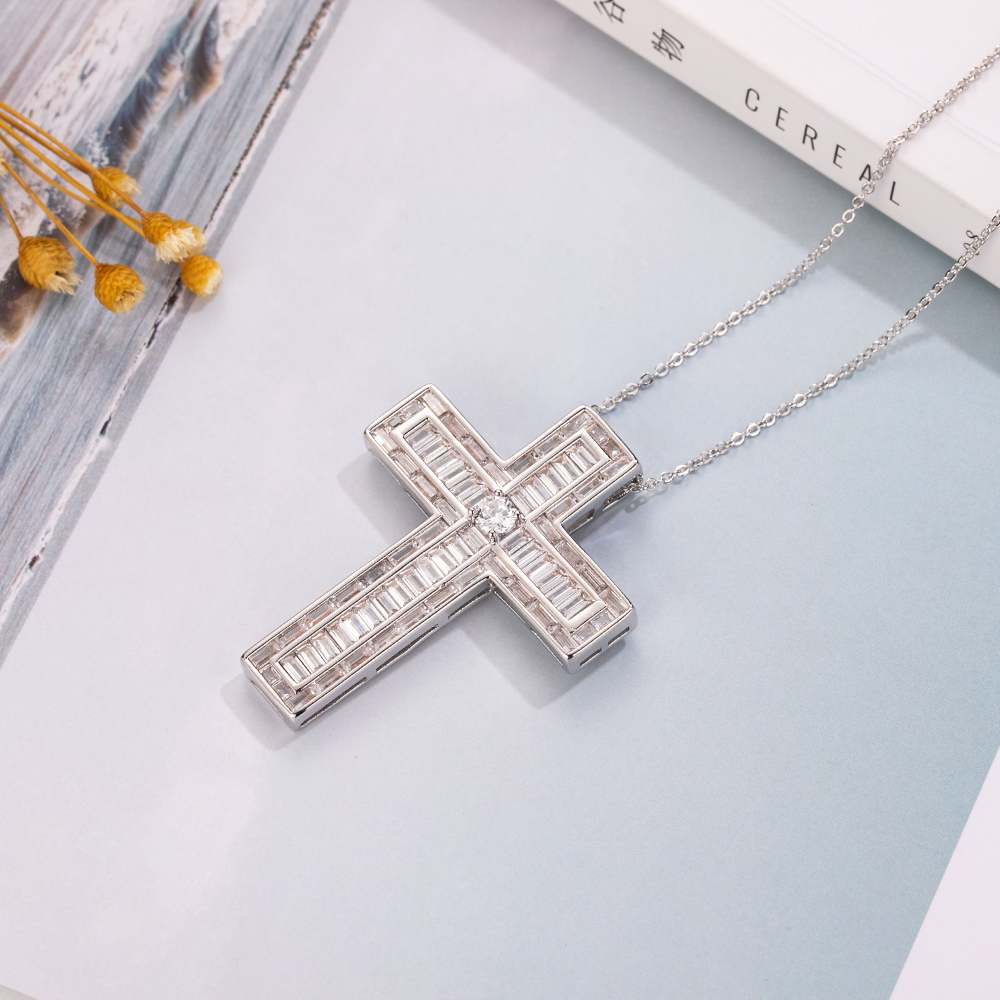 New 925 Silver Exquisite Bible Jesus Cross Pendant Necklace for women men Crucifix Charm Simulated Platinum Diamond Jewelry N022