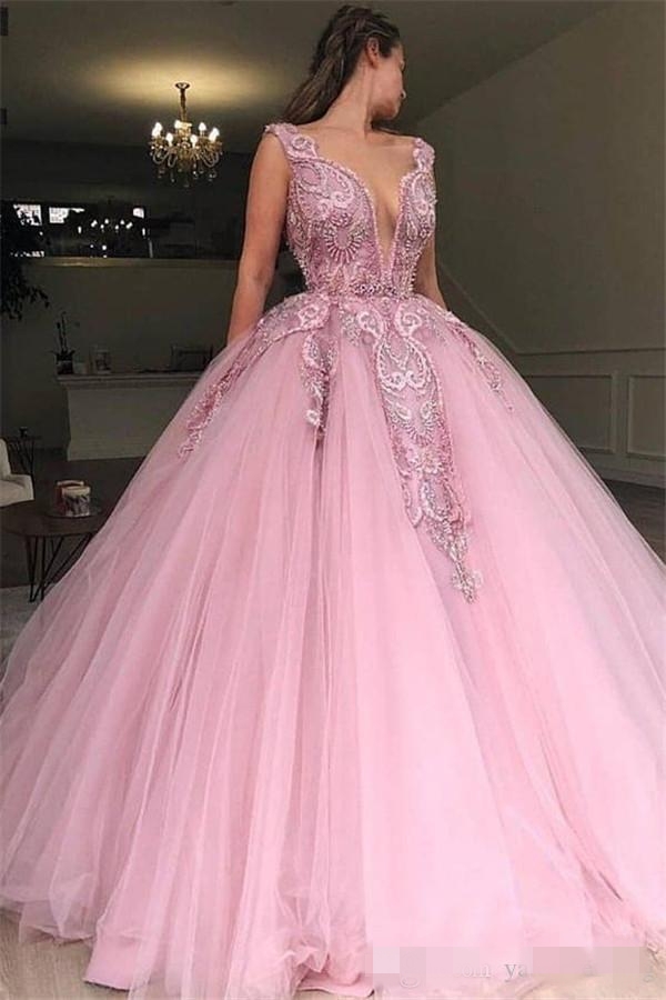 Quinceanera Dresses Pink Beading Plunging V Neck Straps Cutom Made Tulle Floor Length Beaded Sweet Pageant Prom Ball Gown