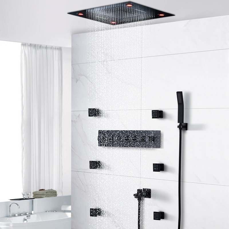 24 Inches Bathroom Black Shower Set Large SUS304 6 Functions Shower Head Systerm Thermostatic Mixer Waterfall Jets Led Ceiling Light