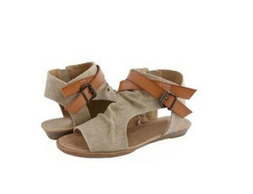 Hot Sale-als Fashion Canvas Peep Toe Women Sandals Open Toe Lace-up Flats Beach Casual Flip Flops