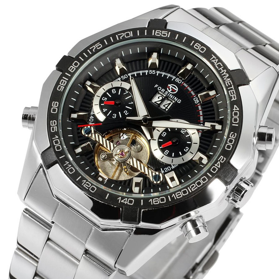 FORSINING fashion Leisure Men Steel strip Tourbillon Fully automatic Hollow dial Calendar display Single folding buckle Mechanical watches
FORSINING fashion Leisure Men Steel strip Tourbillon Fully automatic Hollow dial Calendar display Single folding buckle Mechanical watches