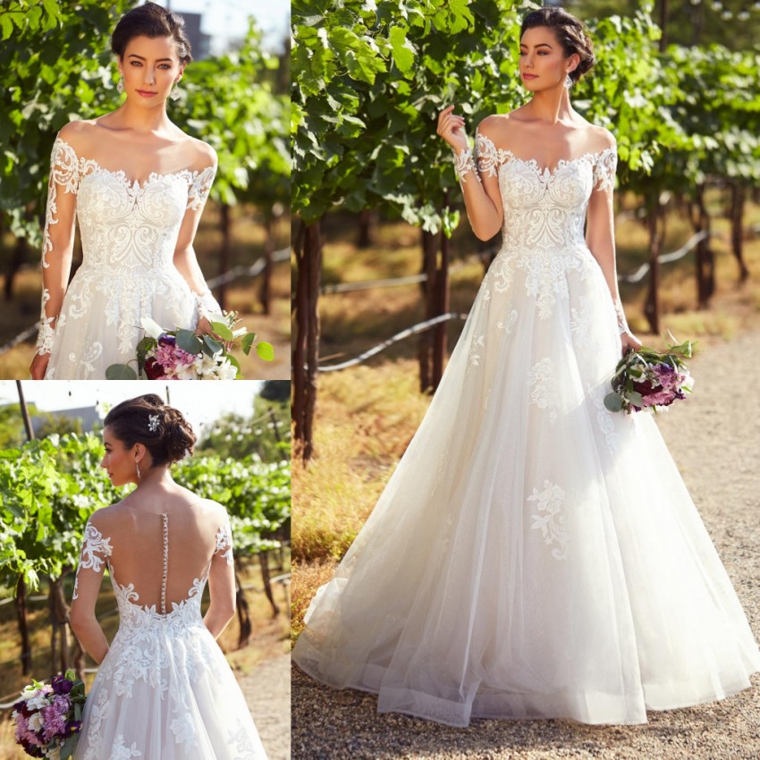 Line Amazing A Lace Beach Wedding Dresses Sheer Bateau Neck Appliqued Bridal Gowns With Long Sleeves Sweep Train Tulle Robe De Marie ppliqued