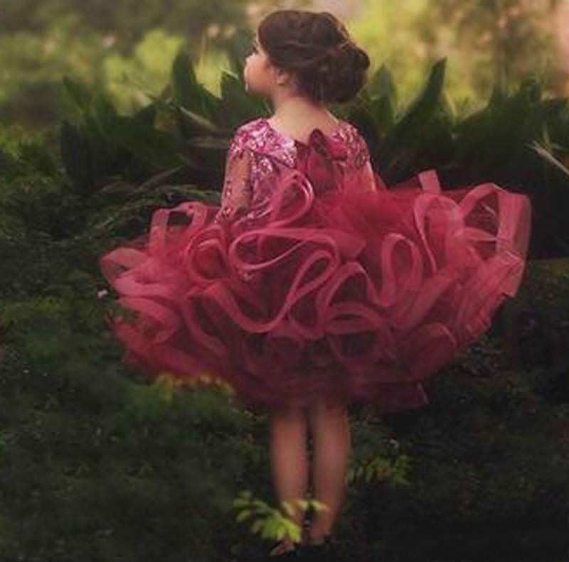 Little Flower Girl Dresses Tiered Skirts Jewel Neck Lace Appliqued Beads Long Sleeve Girls Pageant Dress Ball Gowns Kids Formal Wear