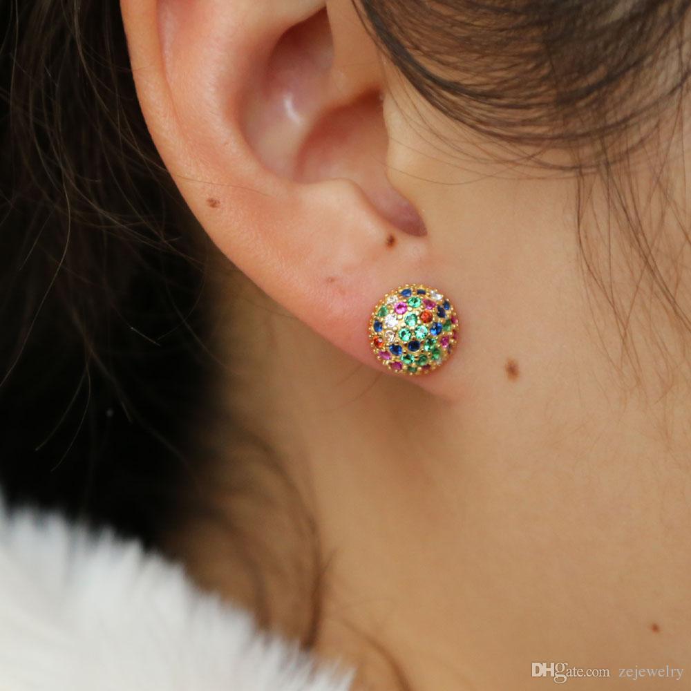 geometric ball round stud earring 2019 women fine 925 sterling silver colorful rainbow cz paved classic simple fashion jewelry