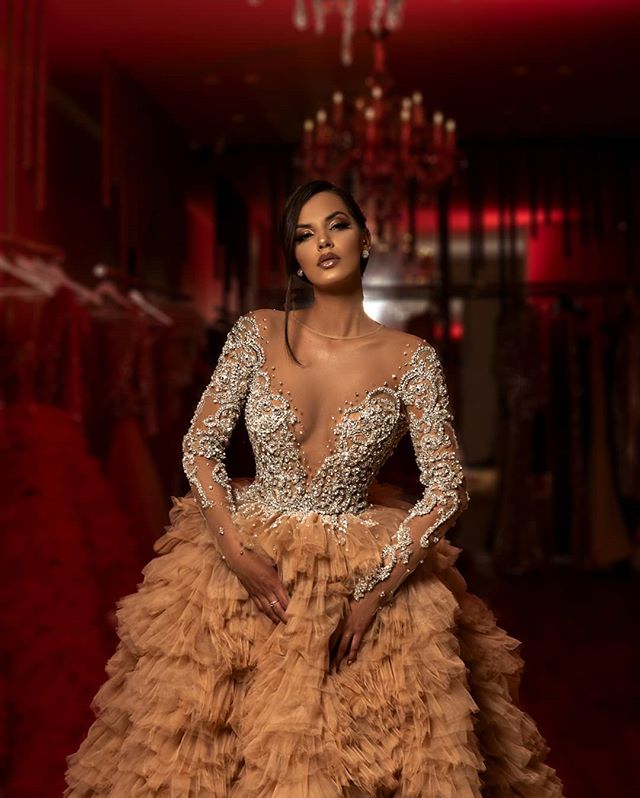Arabic Beaded Evening Dresses Sheer Jewel Neck Crystal Tiered Skirts Long Sleeve Prom Dress Sweep Train A e Party Gowns
