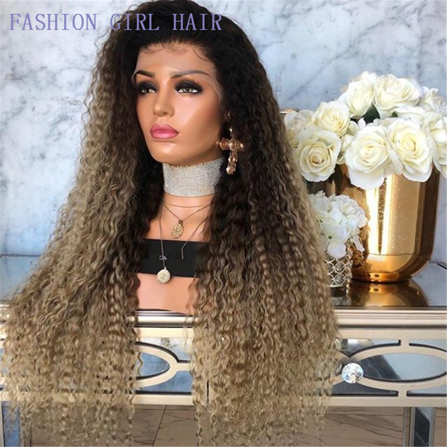 New Kinky Curly simulation Human Hair Wig with baby hair Ombre blonde synthetic Lace Front Wigs heat resistant For Women