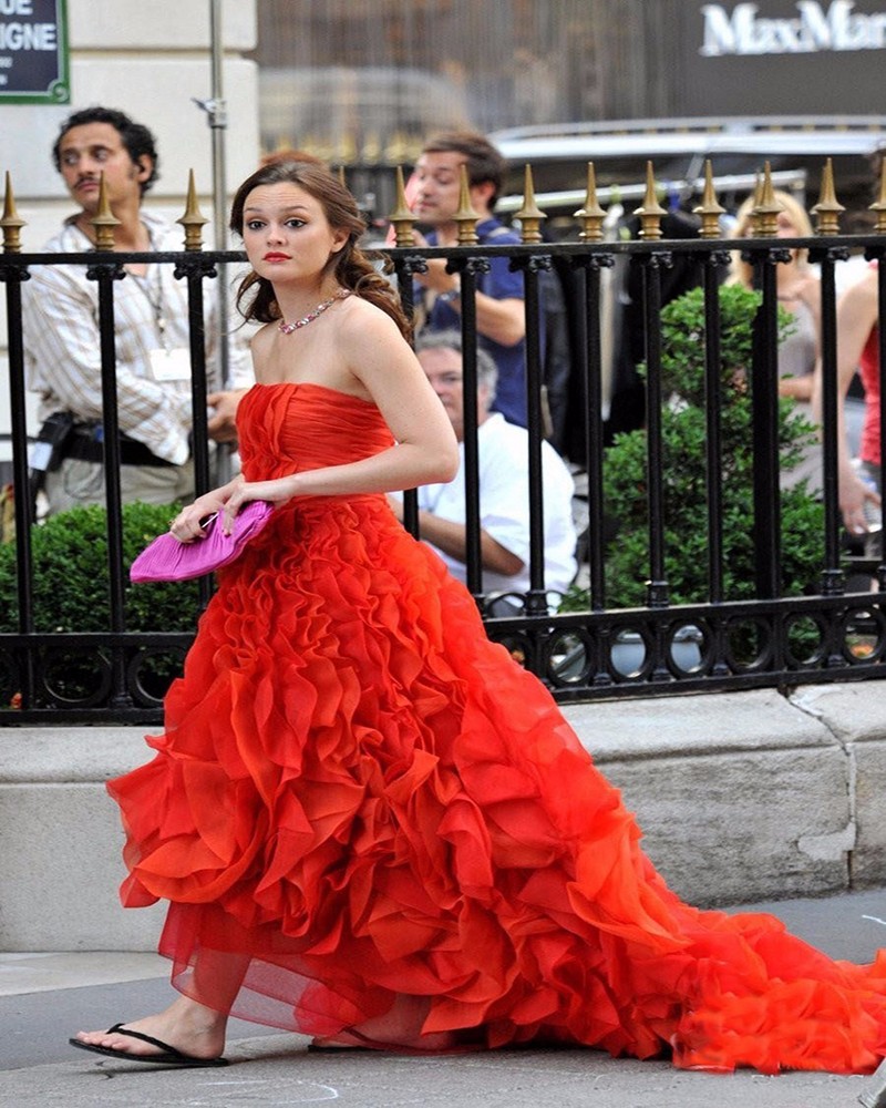 Gossip Girl Blair Dresses Red Draped Organza Evening Dresses Strapless Sleeveless vestidos de celebridades Celebrity Dresses