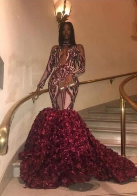 High Neck 2K19 Mermaid Prom Dresses Sexy Open Neck Appliques Rose Train Evening Gowns Zipper Back Long Sleeves African Party Dress