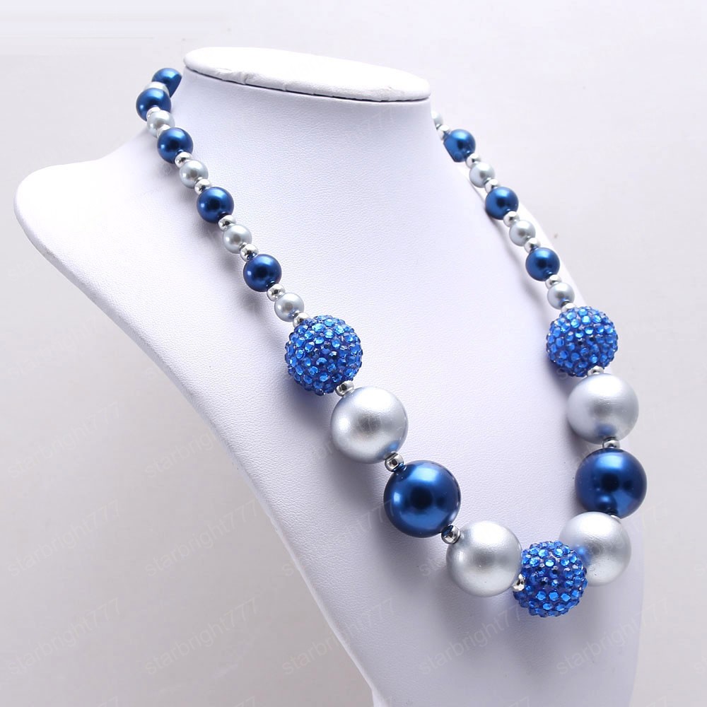 Cute Kids Boys Chunky Beads Necklace Blue+Gray Pearls Beads Child Kids Chunky Necklace Fashion Choker Necklace