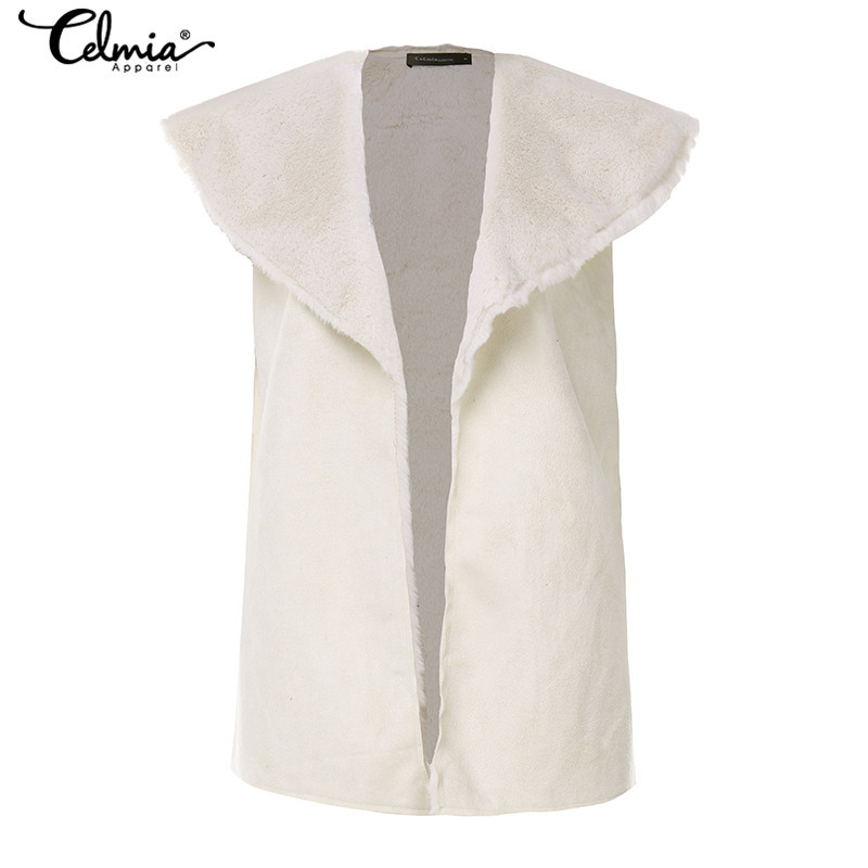 Women Warm Faux Fur Vests Winter Casual Sexy Sleeveless Loose Fleece Jackets Celmia Plus Size Solid Wool Waistcoat Outcoats