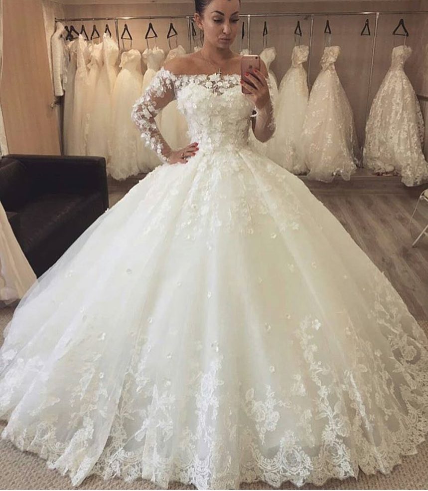 Long Sleeve 3D Flowers Boho Wedding Dresses Gowns Off the Shoulder Bridal Ball Gown Robe De Mariee Lace Applique Vestido De Noiva