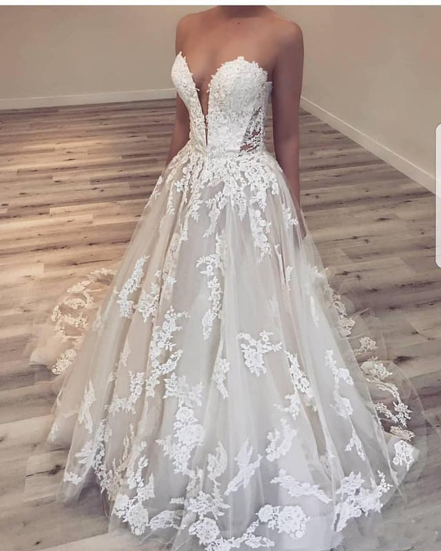 vintage a line beach wedding dresses sweetheart lace appliqued tulle bridal gown sweep train country plus size robe de mariee