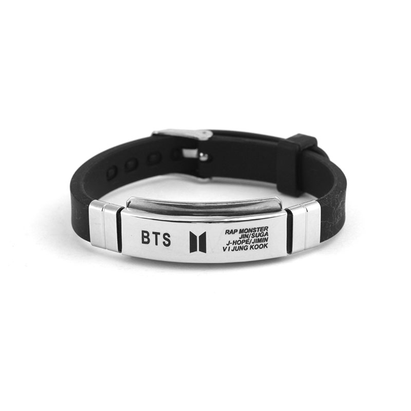 

Wholesale- Kpop BTS Bangtan Boys Bracelet SUGA JIMIN V Wristband Titanium Steel Silicone Bracelet Fashion Women Men Jewelry