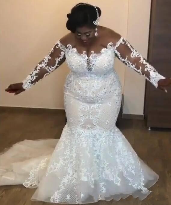2019 African Plus Size Mermaid Cheap Wedding Dresses Off Shoulder Sheer Neck Lace Appliques Beaded Long Sleeves Court Train Bridal Gowns