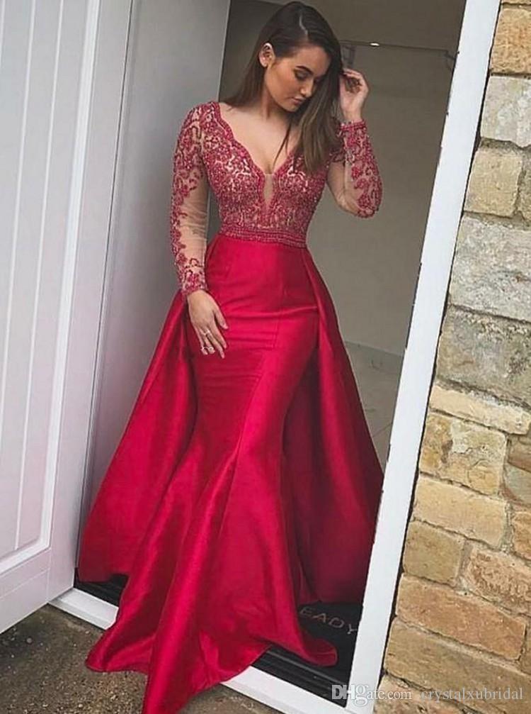 2019 New Red Mermaid Prom Dresses Detachable Overskirts V Neck Long Sleeves Lace Appliques Beaded Backless Evening Dress Party Gowns