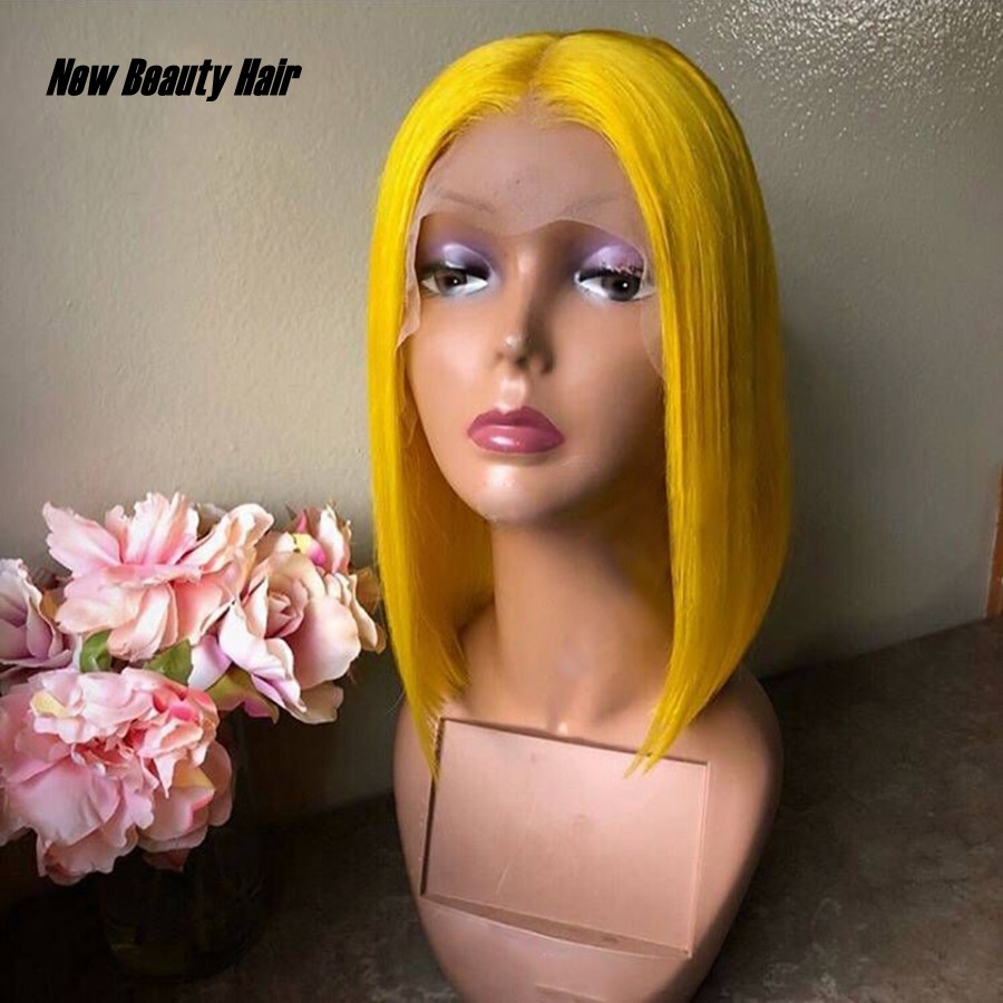 Realistic Looking Yellow Color short Bob Cut Natural Hairline Heat Resistant Fiber Synthetic Lace Front Wigs For American black Women