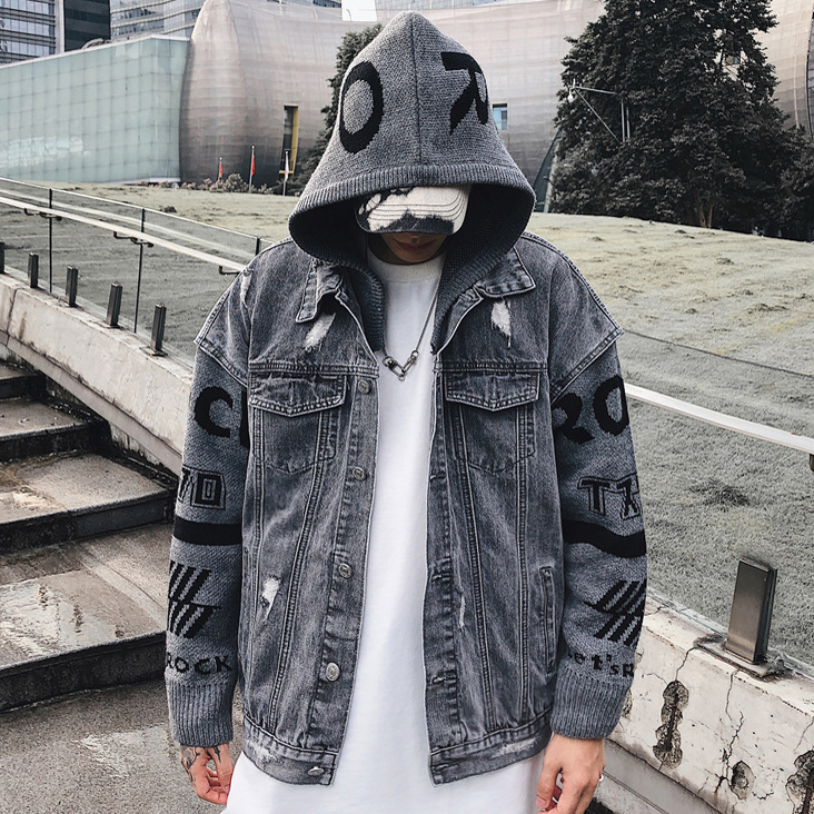 Guochao knitting splicing hooded denim jacket men's high street hip hop loose denim jacket, Black
Guochao knitting splicing hooded denim jacket men's high street hip hop loose denim jacket, Black