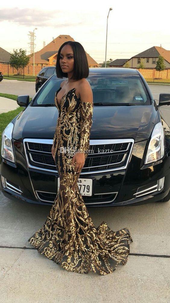 2019 Gold and Black Prom Dresses Sweetheart Sweep Train Long Sleeve Mermaid Evening Dress Appliqued Custom Made Arabic Special Occasion Gown