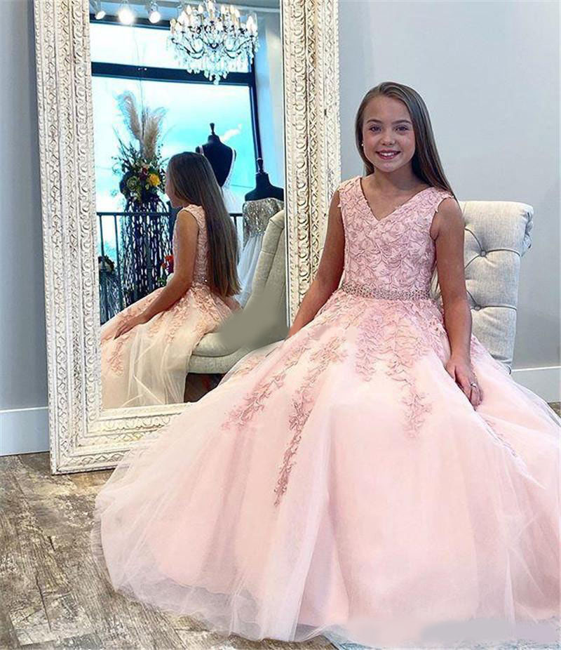 Chic Pink Girl's Pageant Dresses V-Neck Lace Appliques Sleeveless A-Line Flower Girls Dresses Cheap Kids Prom Gowns Vestidos 2020