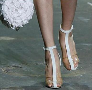 Hot Sale-PVC Sandals Women T-strap Block High Heels Gladiator Ankle Strap Sandles Runway Show Shoes Women Summer