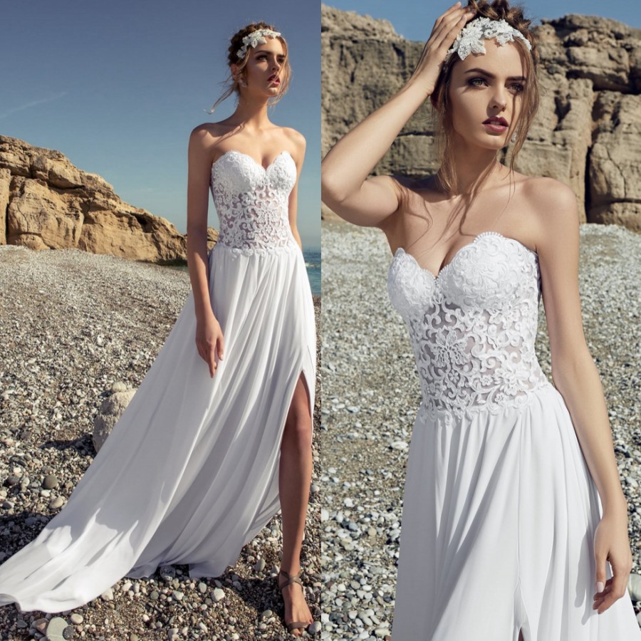 White Cheap Lace Beach Wedding Dresses Sweetheart Neck A E Side Split Bridal Gowns Sweep Train Chiffon Robe De Mari E