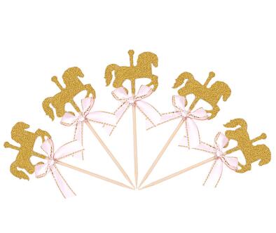 Cartoon Horse Cupcake Topper With Bow Tie Glitter Gold Carousel Wedding Birthday Party Cake Decoration DIY Handmade Cake Decor