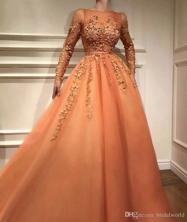 Lace Orange Evening Dresses With Long Sleeves A Line Appliques Beaded Long Prom Dress Belt Illusion Bodice Abendkleider Formal Occasion Gown