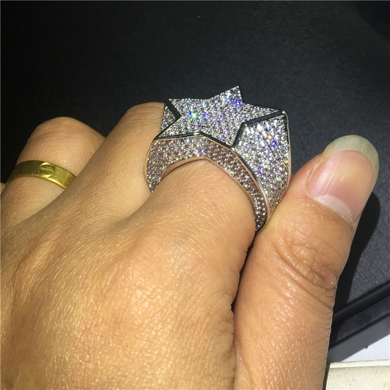 Vecalon Big Star Male Hiphop ring White Gold Filled 500pcs 5A Cz Party Anniversary band rings For men Rock Finger Jewelry