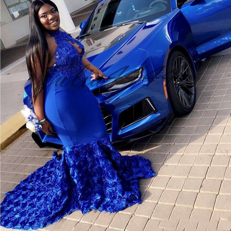 Royal Blue Prom Dresses New Sexy Sleeveless Mermaid African 3D Rose Floral Flowers Evening Gowns Sweep Train Halter Evening Vestidos