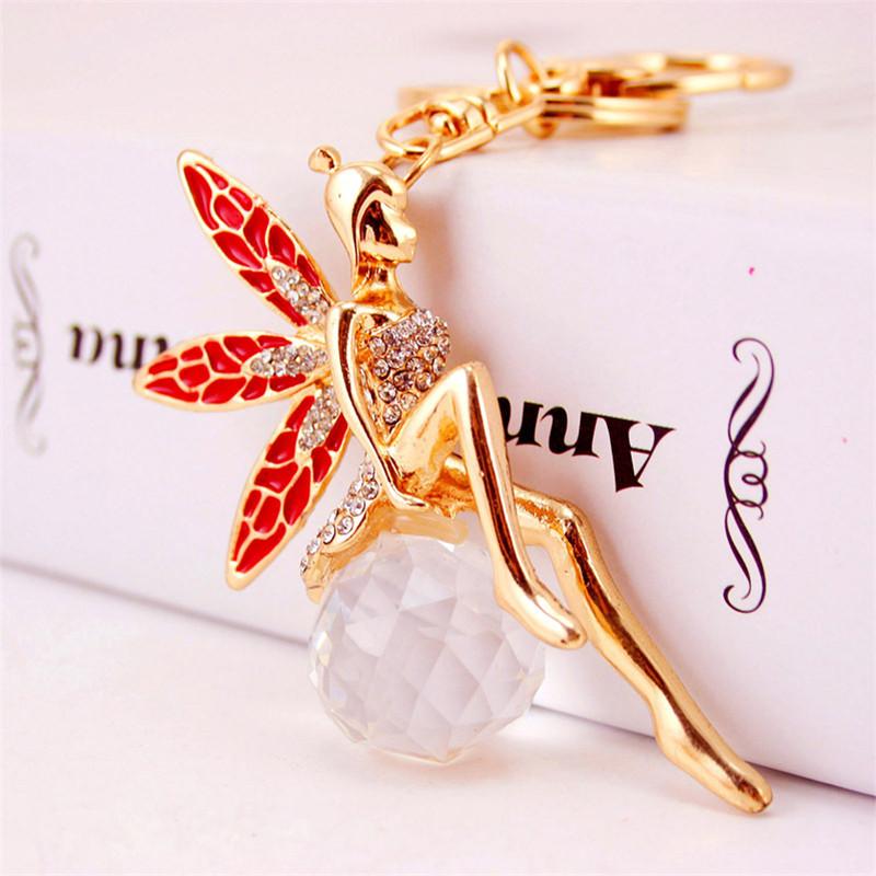 Keychain Enamel Alloy Rhinestone Fairy Tale Angel Wings Girl Crystal Ball Pendant Car Key Chains Gold Tone Lobster Clasp Key Ring 3pcs