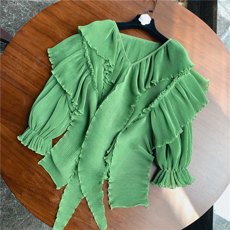 Summer Blouse Women New Temperament Ladies Casual Loose V-neck Cover Meat Thin Bow Pleated Chiffon Shirt Blouses Blusas Femme, Black
Summer Blouse Women New Temperament Ladies Casual Loose V-neck Cover Meat Thin Bow Pleated Chiffon Shirt Blouses Blusas Femme, Black