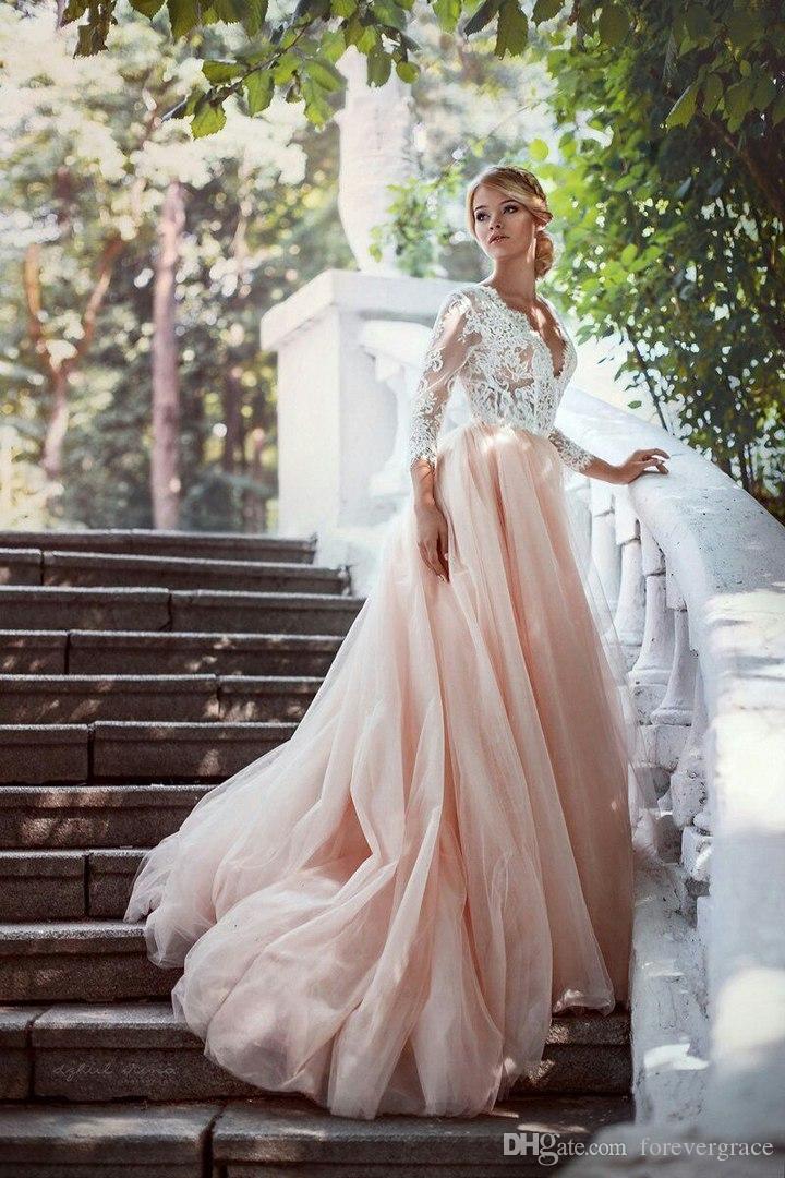 Romantic 2019 Lace Pink Wedding Dress High Quality Deep V-neck Tulle Bridal Gown Custom Made Plus Size