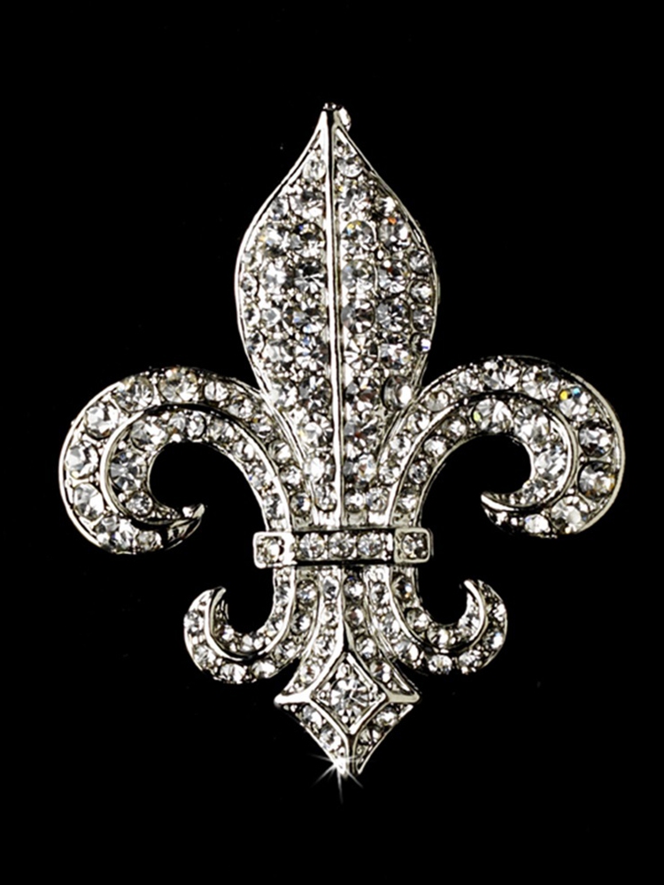 2" Vintage Silver Clear Rhinestone Fleur De Lis Brooch S