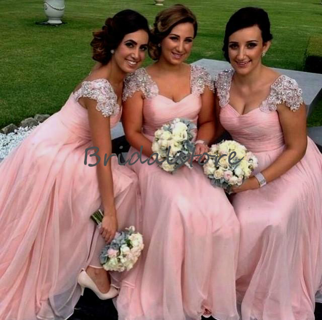Country Dusty Rose Bridesmaid Dresses Cap Sleeves Floor Length Chiffon Backless Long Beaded lace Prom Gowns Robes de demoiselles d'honneur