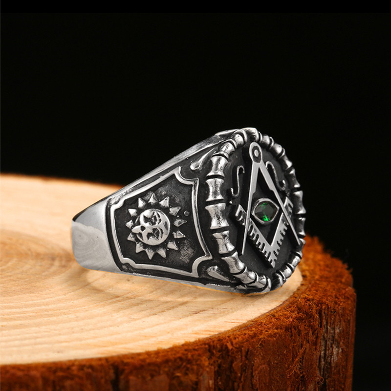 ZABRA Vintage 925 Silver Ring Mens Green Cubic Zirconia Masonic Rings For Men Punk Cool Gift Sterling Silver Symbols Jewelry D19011502