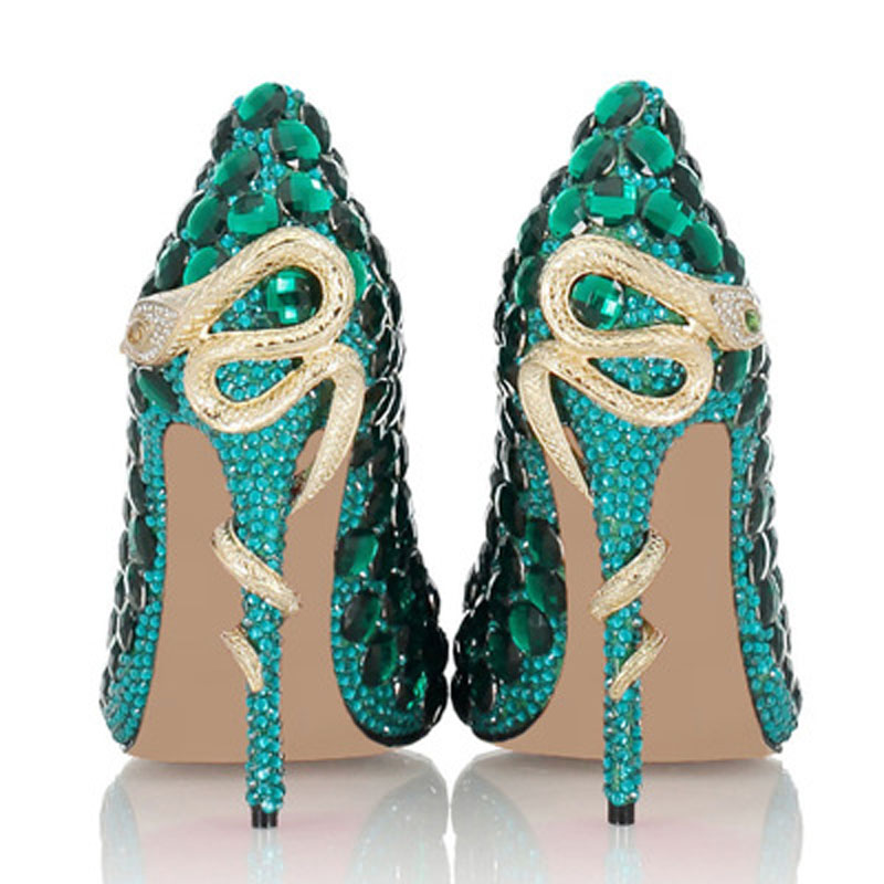 Hot Sale-Green Rhinestone snake heel dress shoes women unique genuine leather pointed toe high heels pumps chaussures femme wedding shoes