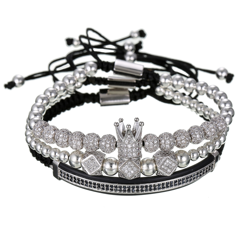 3Pcs/Set Couple CZ Crown Bracelet Sets For Men Gold Pave Cubic Micro Charm Women Braided Bracelet Sets Pulseira Bileklik