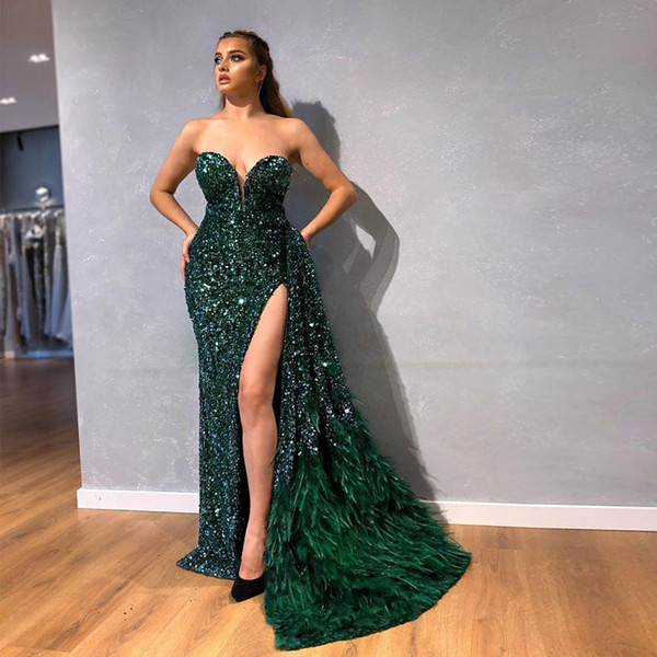 Sparkly Dark Green Mermaid Prom Dresses Sexy Sweetheart Side Split Evening Gowns Tulle Sweep Train Appliques Party Dress Vestido de fiesta