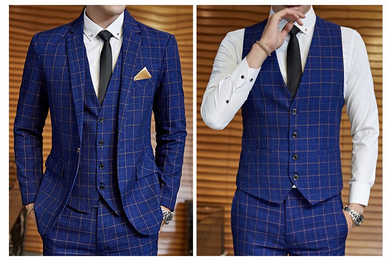 High Quality One Button Blue Plaid Wedding Groom Tuxedos Notch Lapel Groomsmen Men Formal Prom Suits (Jacket+Pants+Vest+Tie) W166