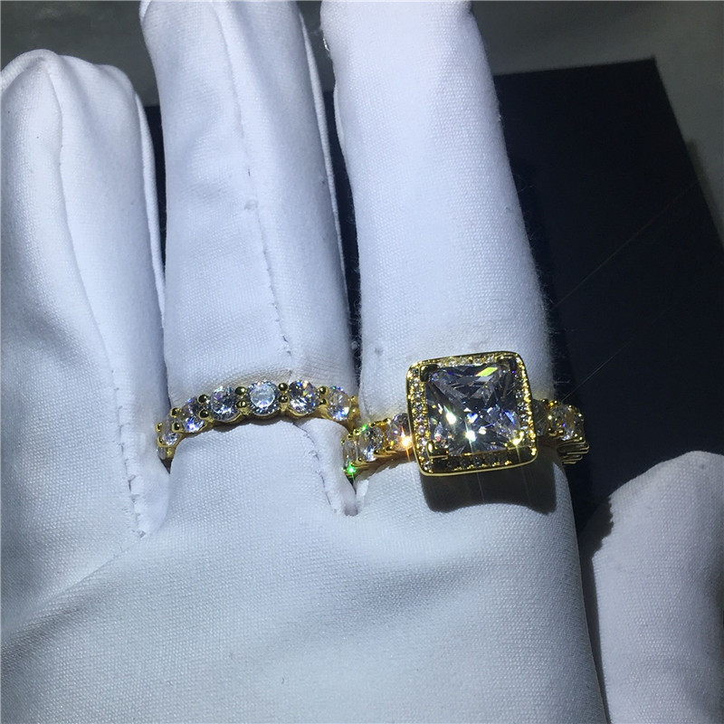 New Hot Sale Luxury Jewelry 925 Sterling Silver&Rose Gold Fill Princess Cut White Topaz CZ Diamond Gemstones Party Women Wedding Bridal Ring