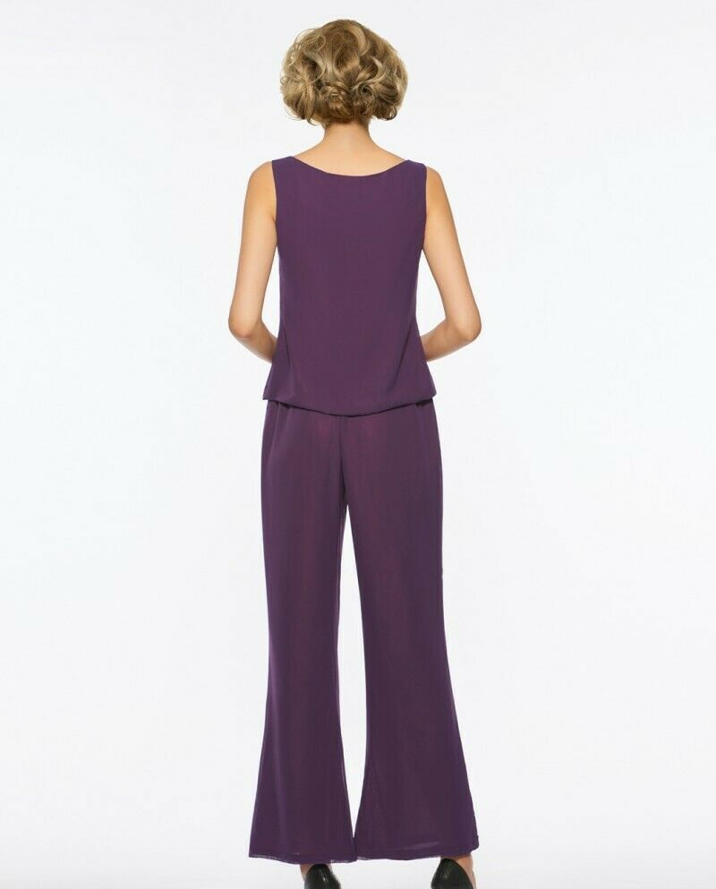 2019 Purple Mother Of The Bride Dresses With Jacket Chiffon Long Sleeve Wedding Guest Dress Pant Suits Plus Size Prom Gowns