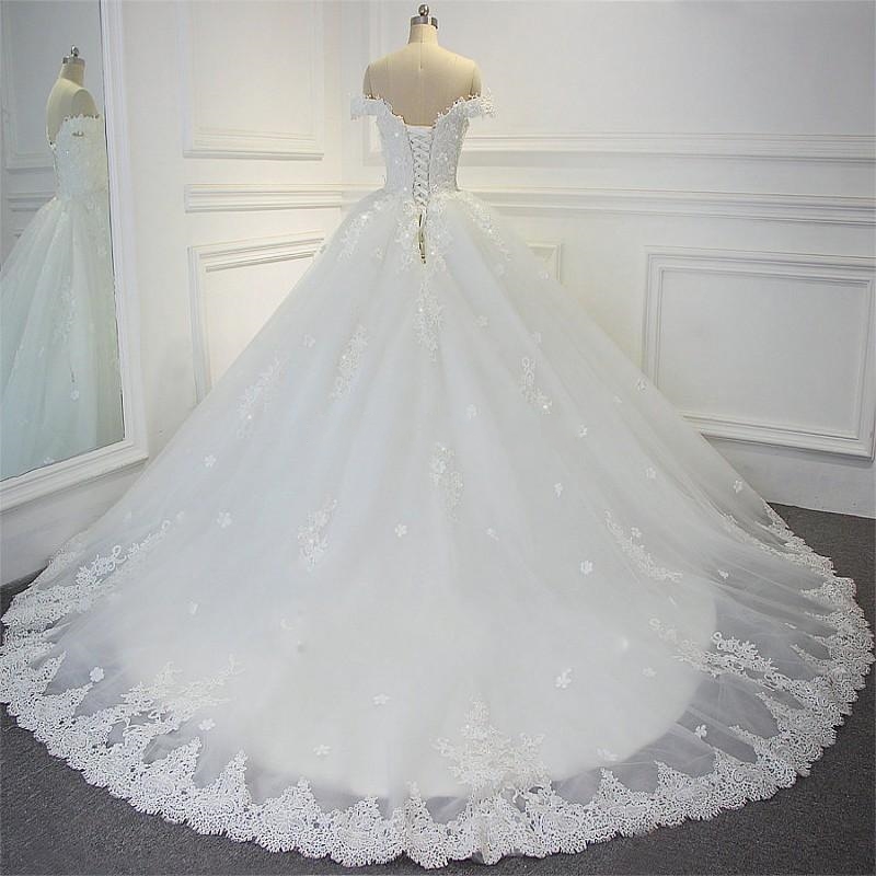 Lace Ball Gown Wedding Dresses Vintage Arabic Off-the-shoulder Beads Handmade Flowers Wedding Bridal Gowns Real Picture