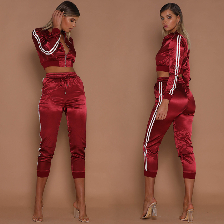 hot sale Autumn Winter Satin Sets Women Zipper Side Stripe Crop Tops Drawstring Calf Length Pants Sexy Workout Tracksuits