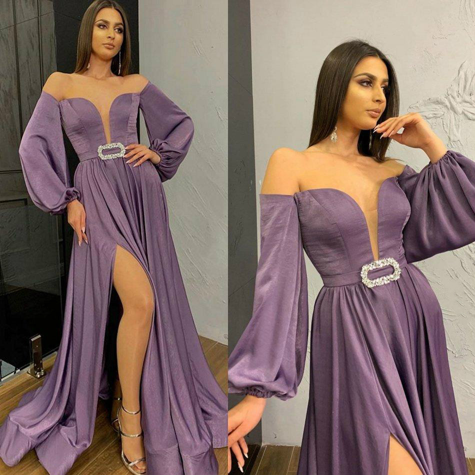 Sexy High Split Evening Dresses Off Shoulder Long Sleeve Satin Prom Dress With Belt Backless Formal Long Party Gowns