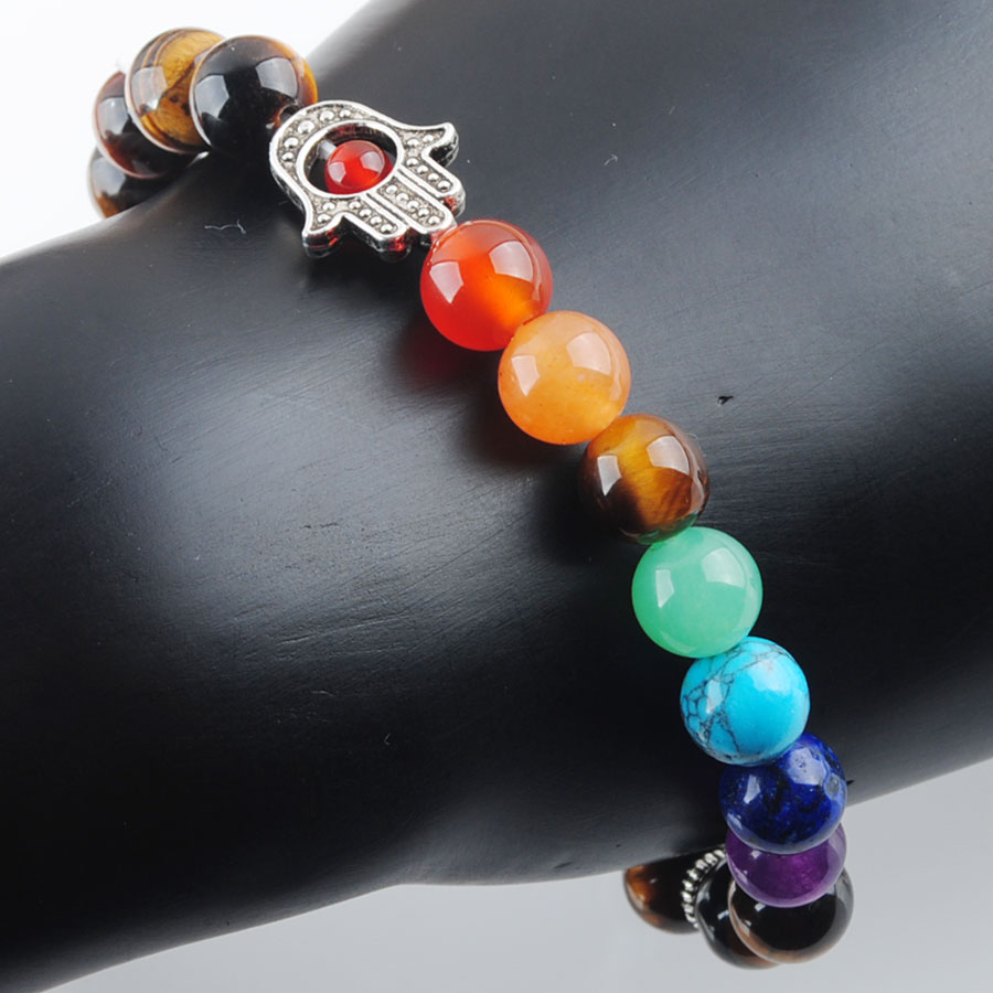 WOJIAER 8mm Natural Stone Round Beads Palm Bracelets Strands 7 Chakra Healing Mala Meditation Prayer Yoga Women Jewelry BK328